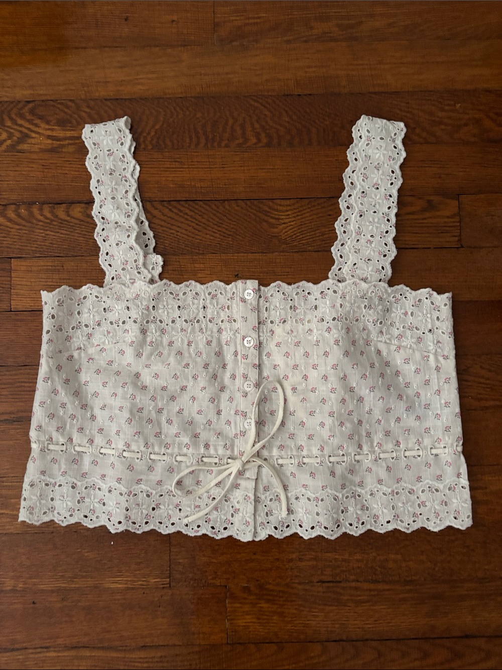 Sezane Nouri Top: Cream Eyelet Lace Cropped Camisole with Pink Floral